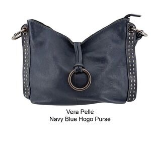 Vera Pelle Navy Blue Leather Hobo Bag Ring Detail Whipstitch Made in Italy
